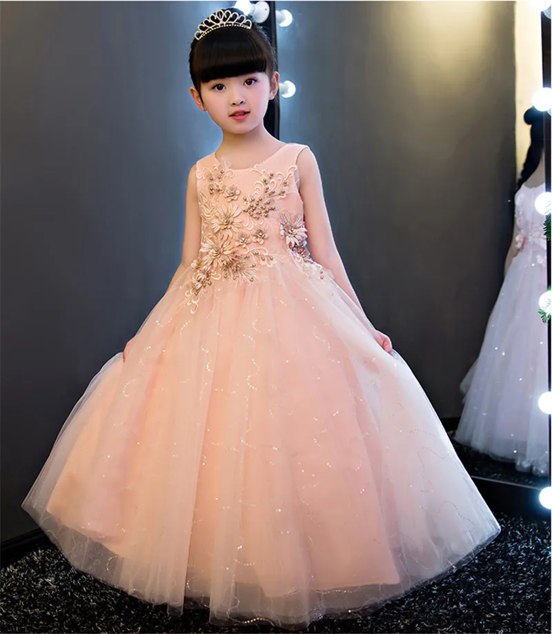 Новинка года; высококачественное роскошное детское кружевное платье принцессы ручной работы с цветами для девочек красивое длинное платье для дня рождения, свадьбы, вечеринки