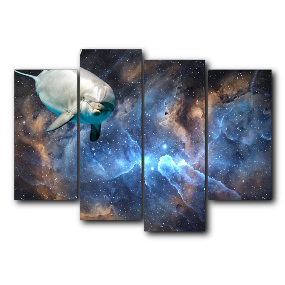 

Vintage Science Fiction Dolphin 4 Panel Canvas Posters and Prints Abstract Wall Artwork For Home Living Room Decoration No Frame