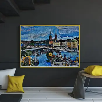 

New Arrival Oil Painting Printing City Boat The Harbour Canvas Wall Art Blue Color for Bedroom Decor Cartoon Painting Customized