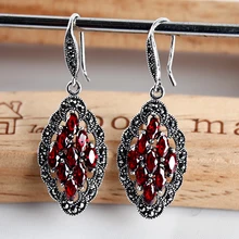 S925 серебро ретро серебро зеленый агат серьги рубиновый Гранат Серьги ювелирные изделия серебряный женский стиль