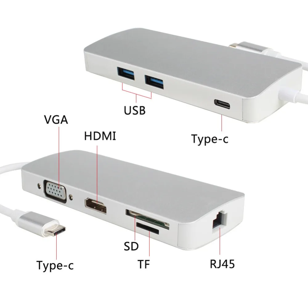 

2 Dock USB-C VGA HDMI Ethernet 2 Ports HUB TF SD Charger Card Reader Multiport Adapter #277463
