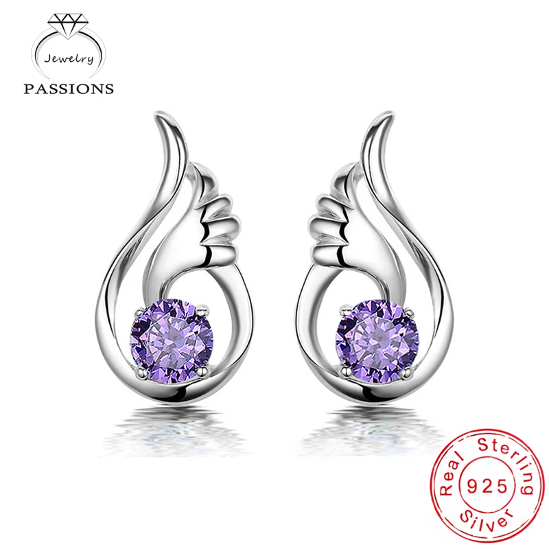 Fashion Elegant Angel Wing 925 Sterling Silver Stud Earrings Purple AAA Cubic Zirconia Earings For Women&ampGirl Jewelry Gift | Украшения и