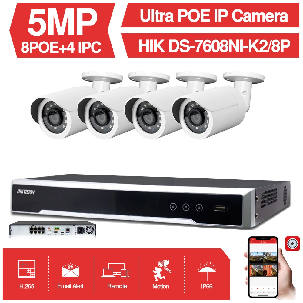 8CH система видеонаблюдения 4 шт. ультра 5MP наружная камера видеонаблюдения с питание по сети еthernet с Hikvision 8 POE NVR DS-7608NI-K2/8 P DIY комплекты
