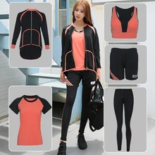 Йога набор Для женщин куртка с капюшоном спортивный бюстгальтер Фитнес штаны и футболка шорты черный серый спортивный костюм большой Размеры бег 5 шт. спортивную одежду