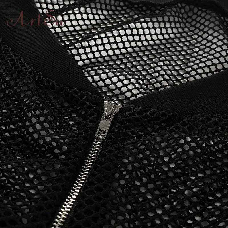 Арцу Лето черный сетчатый топ с длинным рукавом с открытыми плечами Сексуальная Клубная одежда короткая футболка фитнес уличная одежда кроп-топ ASTS20416