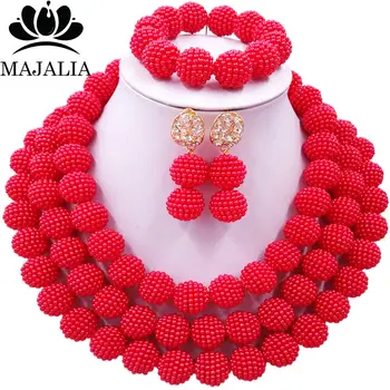 

Majalia Fashion Nigerian Wedding African Pearl Jewelry Set Red Crystal Plastic Pearl Necklace Bride Jewelry Sets 3LM007