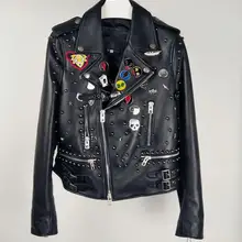 Роскошный Подиум Мода из натуральной кожи Байкерский жакет с шипами металлик патч украшенный воротник с лацканами боковые пряжки