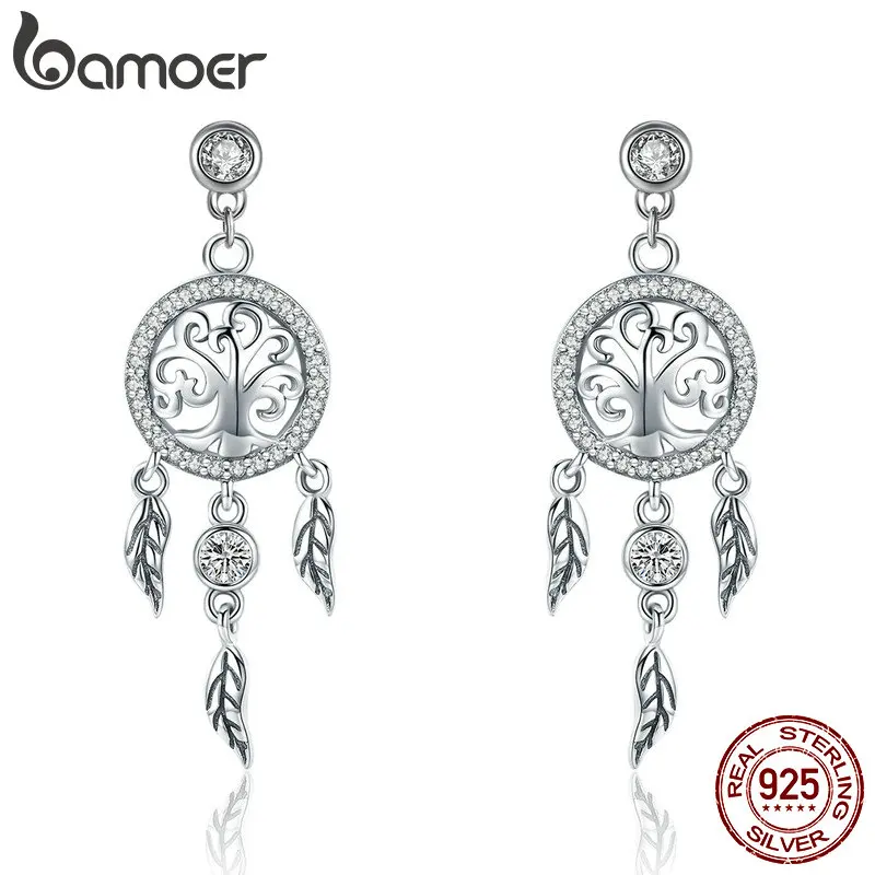 BAMOER Fashion 925 Sterling Silver Tree of Life Dream Catcher Drop Earrings for Women Vintage Sterling Silver Jewelry SCE457