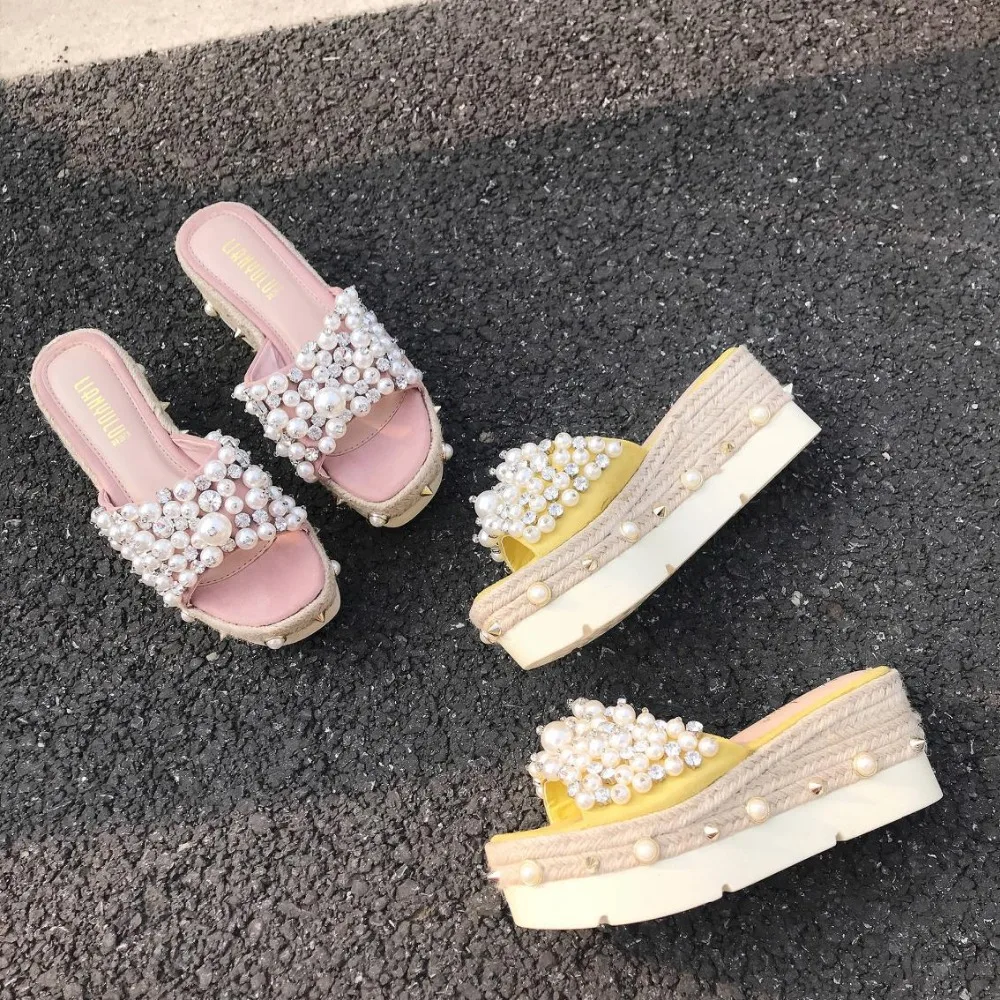 

high platform String Bead Rivet Square Toe Flock Wedges High slipper womans Slides Solid Elegant modis brand design spring