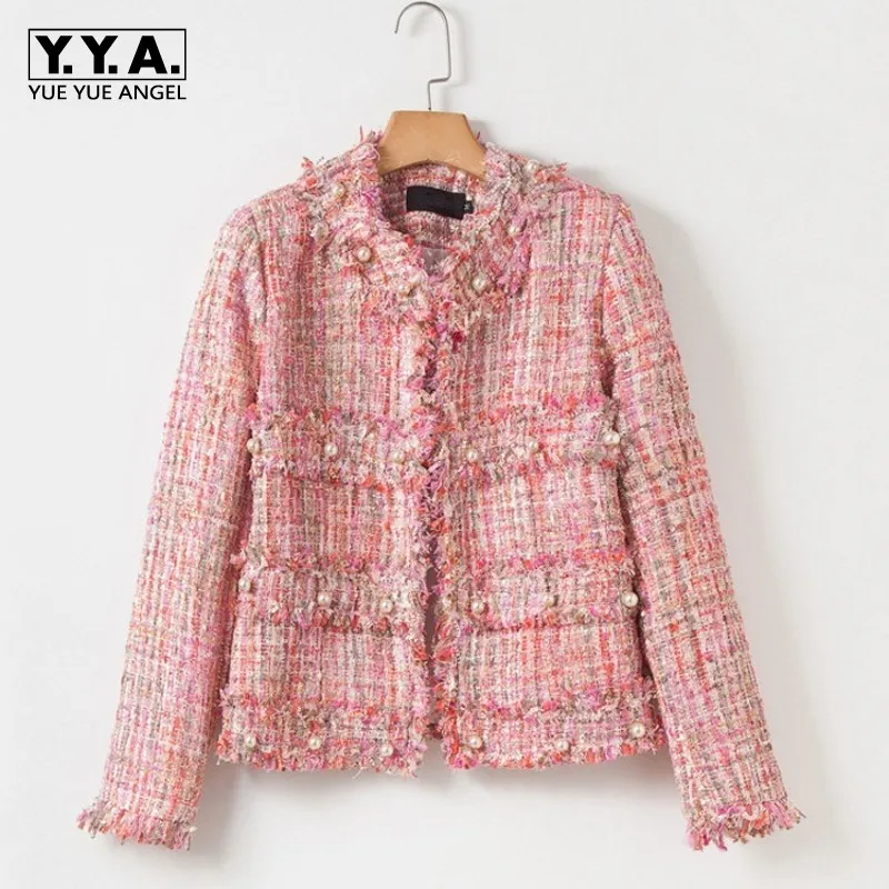 

Pink Tweed Jacket Lady Casual Pearl Small Fragrance Female Coat Burr Tassel Coats Women High Street Office Clothes Autumn Winter