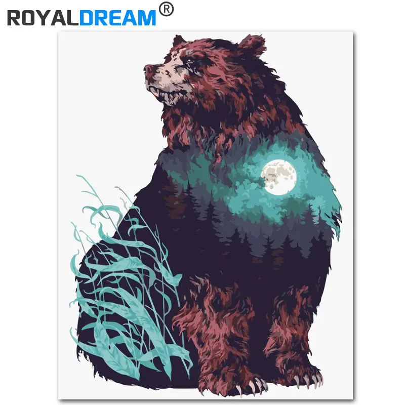 

ROYALDREAM Moon Shadow Brown Bear DIY Digital Oil Painting By Numbers Europe Abstract Canvas Painting For Living Room Wall Art