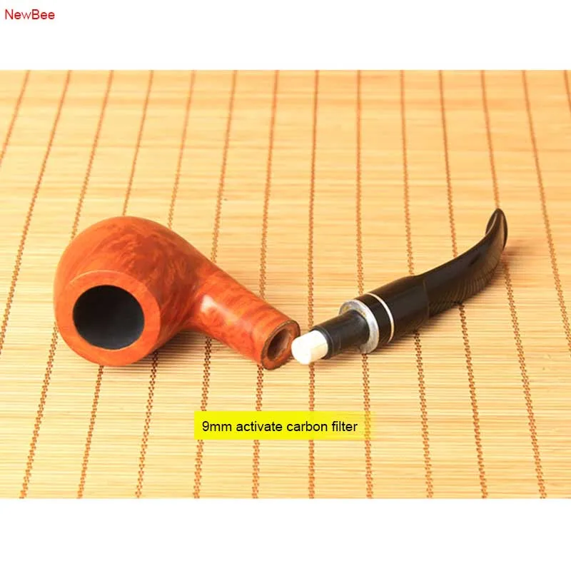1 imported briar wood tobacco pipe with double metal ring deco bent saddle mouthpiece 9mm carbon filter men smoking pipe