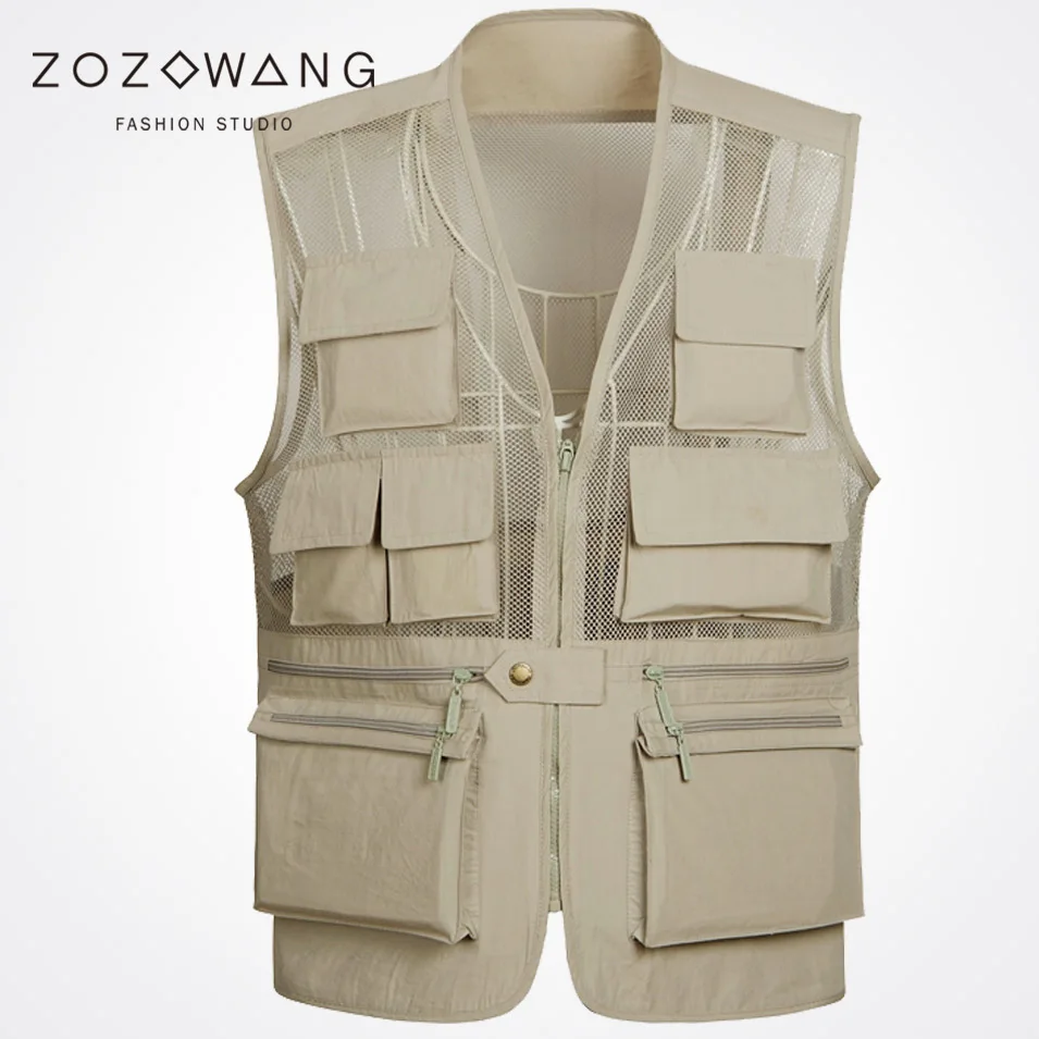 Zozowang new spring autumn summer new V-neck zipper mesh fashion Multi-pocket waist men casual plus size M-3XL vest men