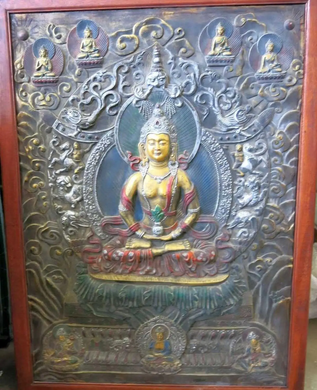 

44" Tibet wood copper gild silver seven buddha and Shakyamuni Thangka Statue