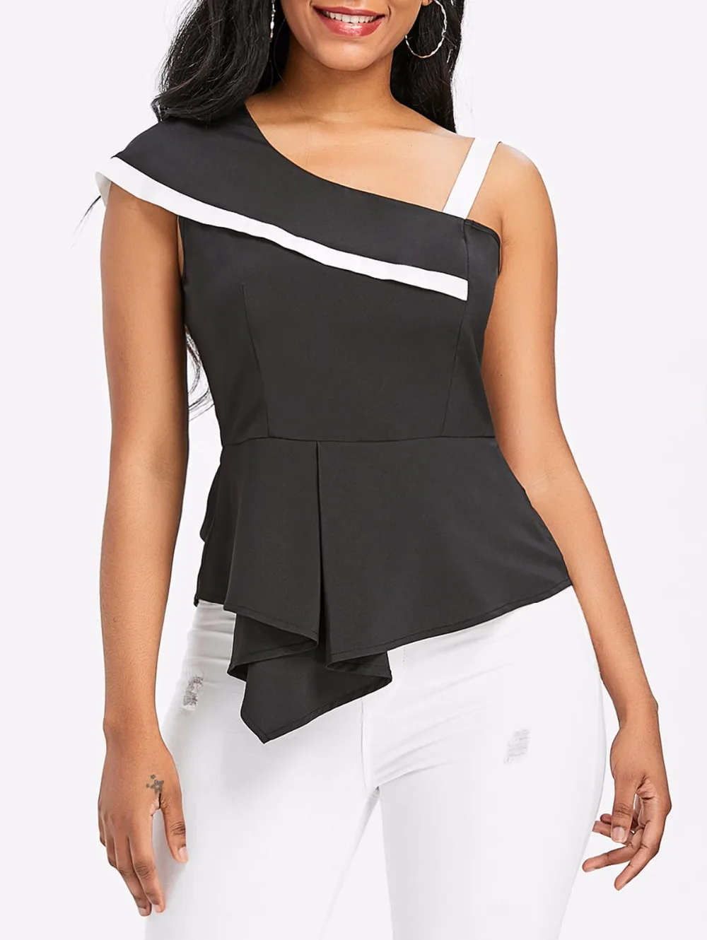 VESTLINDA One Shoulder Skew Neck Peplum Asymmetrical Black Blouse Womens Tops and Blouses Summer Top 2018 Clothes Blouse Shirt 12