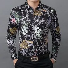 Креативная 3d Тигровая Цветочная цепочка с принтом Модная рубашка с длинным рукавом Осень Новинка качественная шелковая хлопковая тонкая рубашка мужская M-XXXL