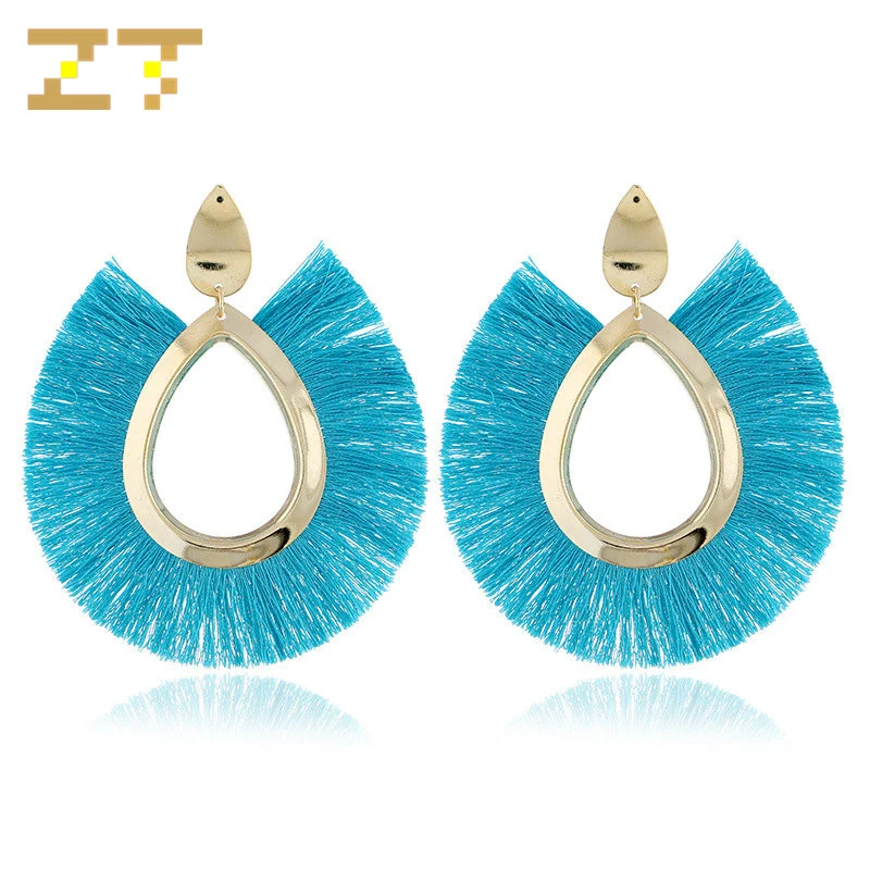 

New Hot Sale Bohemian Style Big Dangle Water Drop Shape Silk Fabric Tassel Statement Earrings for Women Fashion Jewelry Brincos
