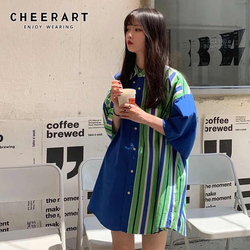 

Cheerart Striped Shirt Summer Women Korean Fashion Clothing Oversized Blouse Blue Tops And Blouses Streetwear