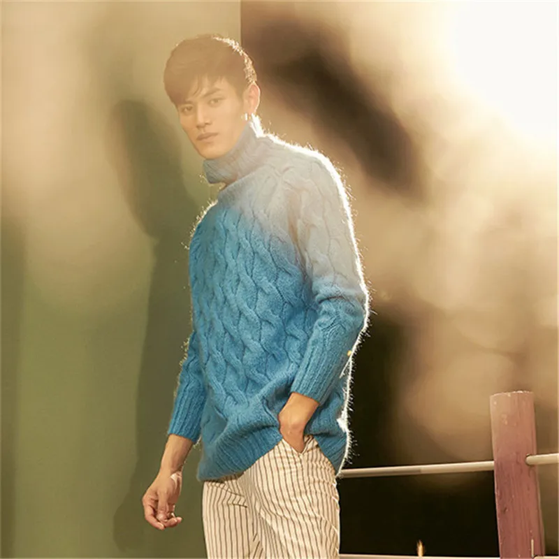  100%hand made wool blend turtleneck knit men twisted solid pullover sweater one&over size