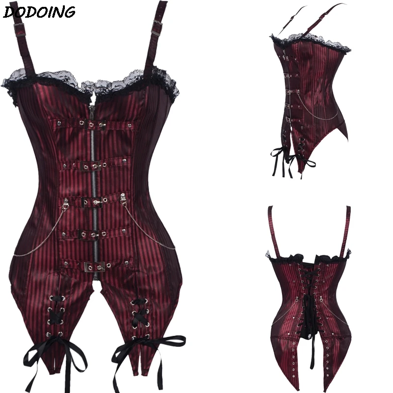 DODOING Fashion Hot Sexy Corsets Bustiers Striped Steampunk Gothic Overbust Waist Trainer Corset Dress Zip Lace Up CorseletsTop