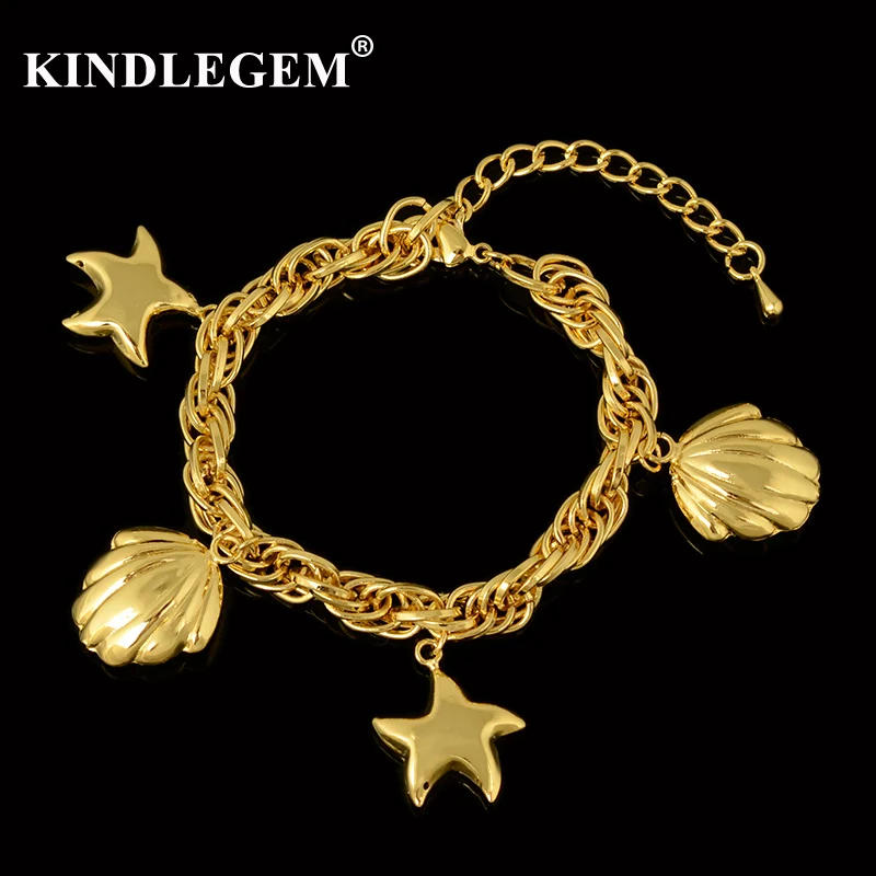 

Kindlegem Wholesale Italy 750 Pure Gold Color Charms Bracelet For Women Girl Party Daily Bangles Jewelry Big Shell Star Drop