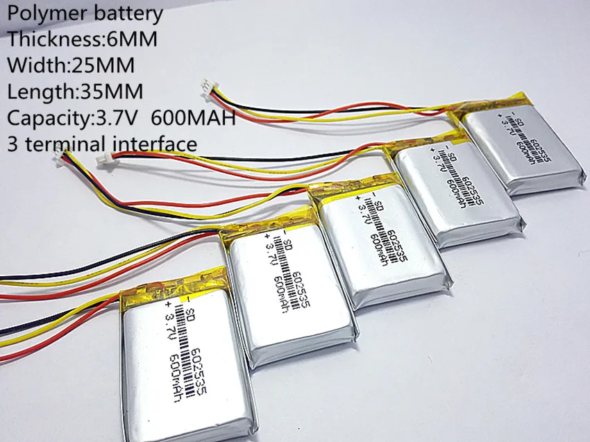 Li-po 3 линии 3pin разъем 3,7 V thium полимерный аккумулятор 602535 600MAH видеорегистратор 388