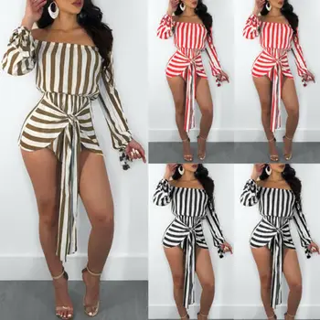 

Women Off Shoulder Long Sleeve Lace up Striped Clubwear Summer Playsuit Bodycon Jumpsuit Romper Trousers Shorts Playsuits