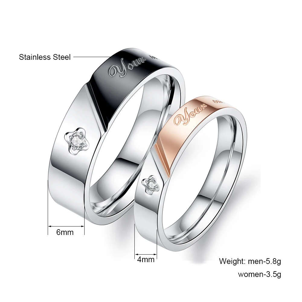 316L Stainless Steel Couple Rings for Lovers Black-Rose Gold Color Trendy Wedding Jewelry