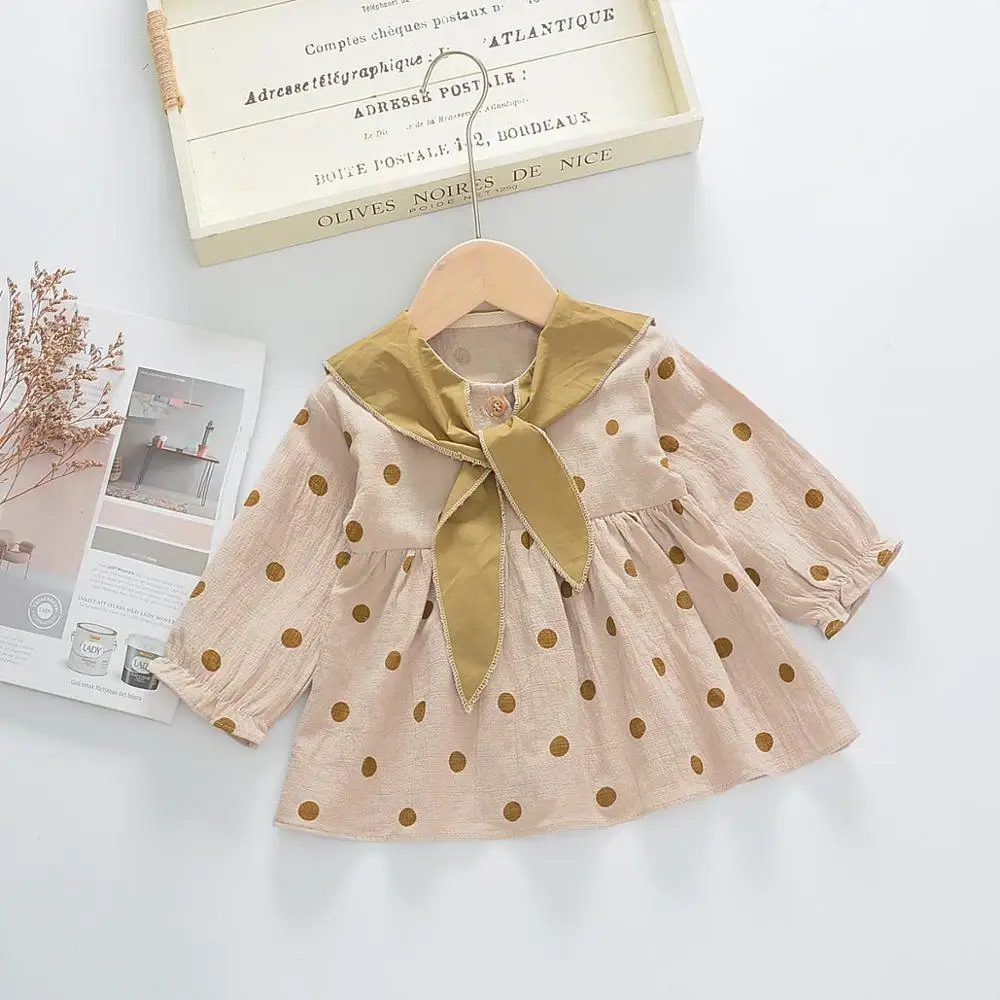 

2019 Spring And Autumn New Girls Baby Cotton And Linen Wave Point Dress College Long Sleeved Sweet Dot Sailor Collar Dress