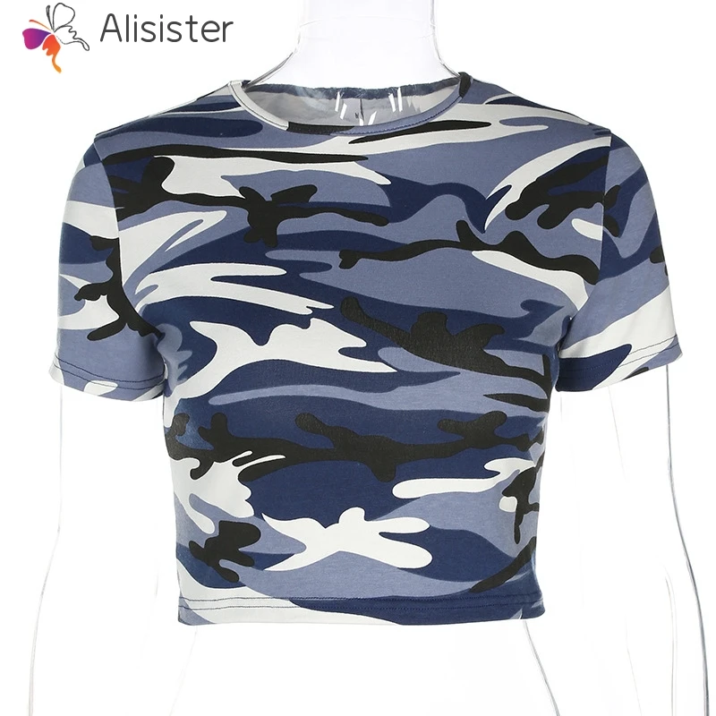 Camo Print Crop Tee летние женские хлопковые топы уличная мода Камуфляжный армейский зеленый Повседневный короткий топ Базовая футболка - Цвет: LXY20180704A3