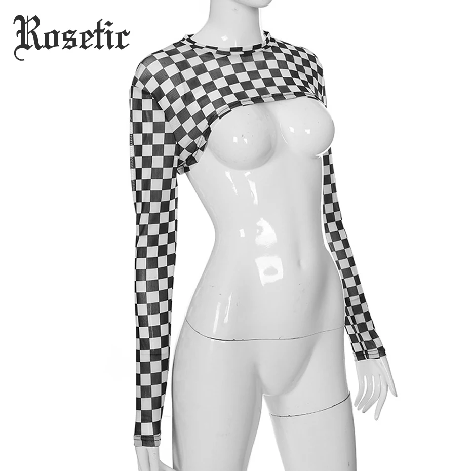 Rosetic, женская готическая винтажная клетчатая футболка, тонкий длинный рукав, круглый вырез, короткий клетчатый кроп-топ, асимметричный женский Готический Ретро футболка