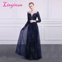 Linyixun Bling Bling Colher Mangas Compridas Vestidos de Noite 2018 Tull Frisada Gilding Vestidos Até O Chão Baile vestido de festa Azul