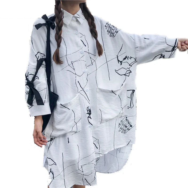 

Summer Plus Size White Coat Student Big Pocket Thin Jacket For Girls Loose Printed BF Jacket Women Sun Protect Harajuku