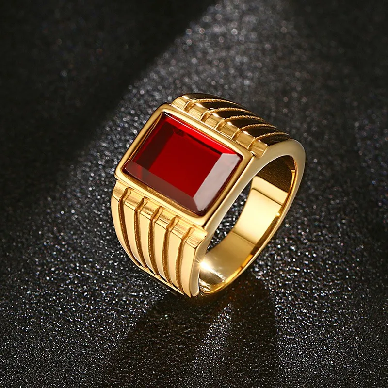 Meaeguet 14mm Wide Men's Square Created Red Stone Rings Gold-Color Stainless Steel Jewelry Bague Anillos US Size 7-11