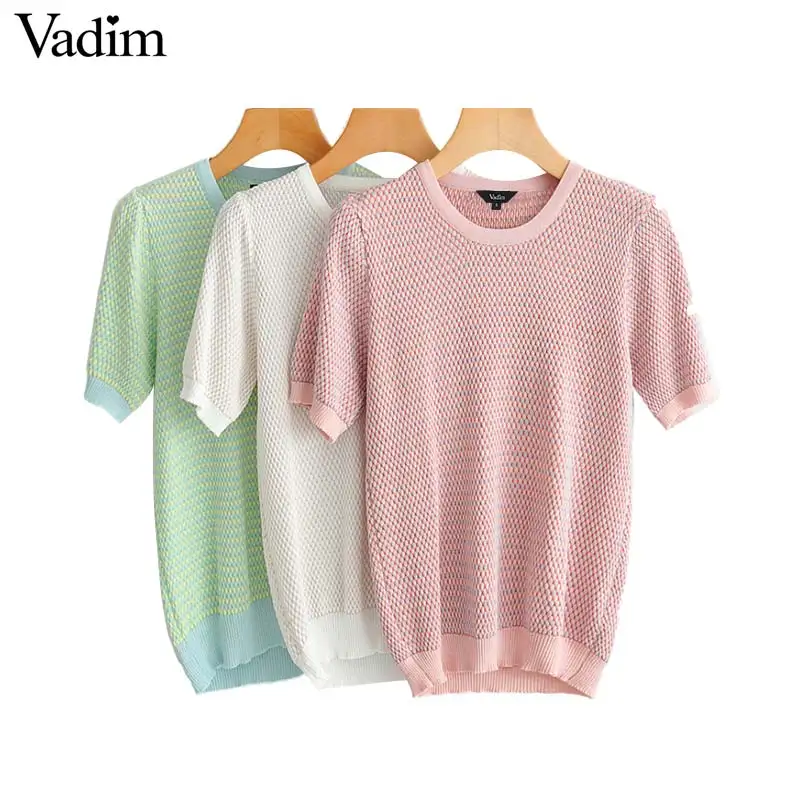 

Vadim women sweet knitted blouse short sleeve O neck stretchy stylish female chic white pink green tops blusas mujer DA403