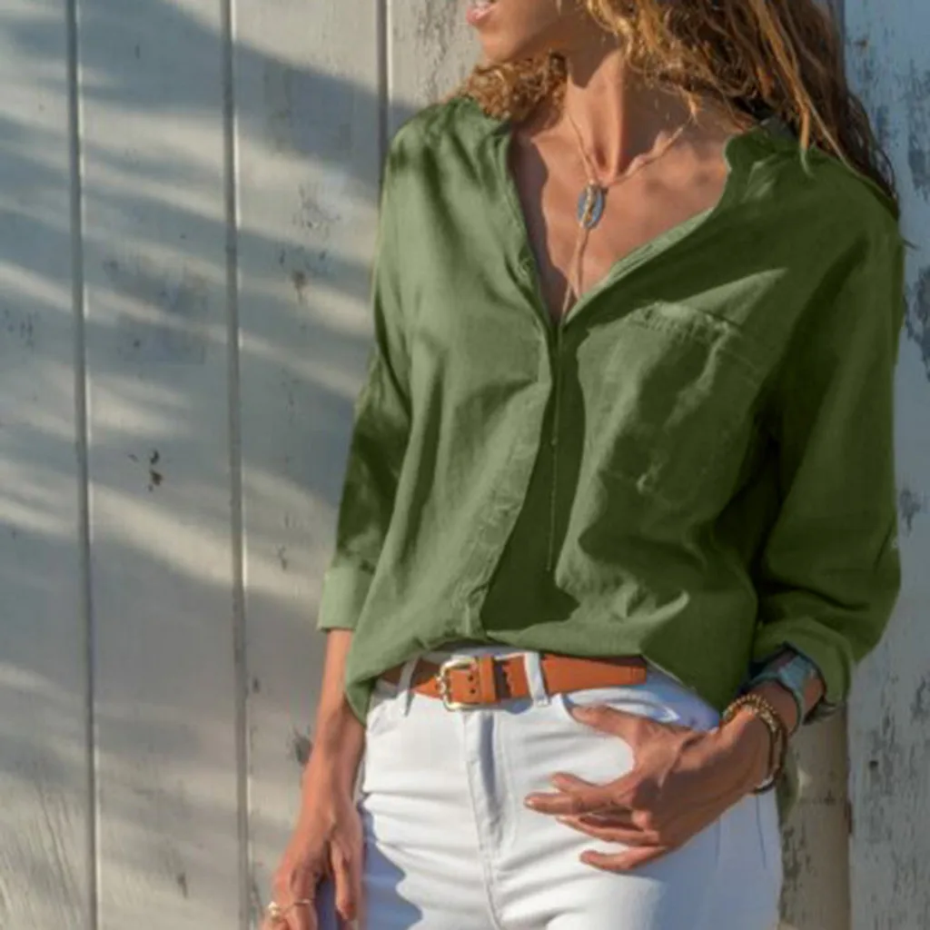 

feitong Blouses Women Plus Size Silod With Pocket Front Long Sleeve Tops Knit Sleeve Office Lady Shirts Blouse блузка женская