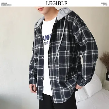 

LEGIBLE Plaid Shirts Oversized Long Sleeve Shirt Men Women Casual Plaid Hooded Shirts Harajuku Male Strip Shirts