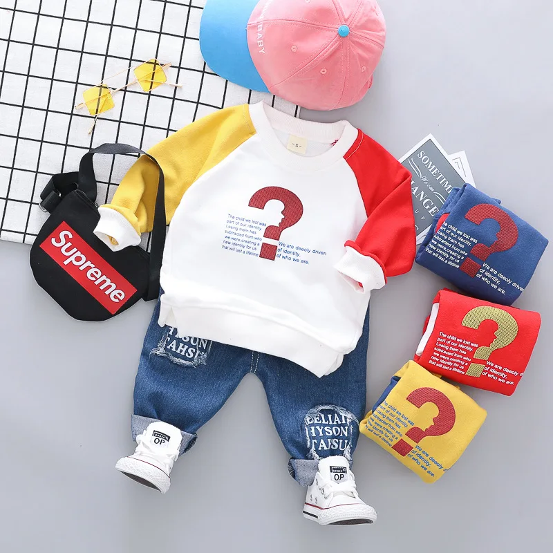 

Autumn Baby Boys Two-piece Set Casual Contrast color Long Sleeve TShirt+letter printing jeans Set Boys Clothes Children Clothes
