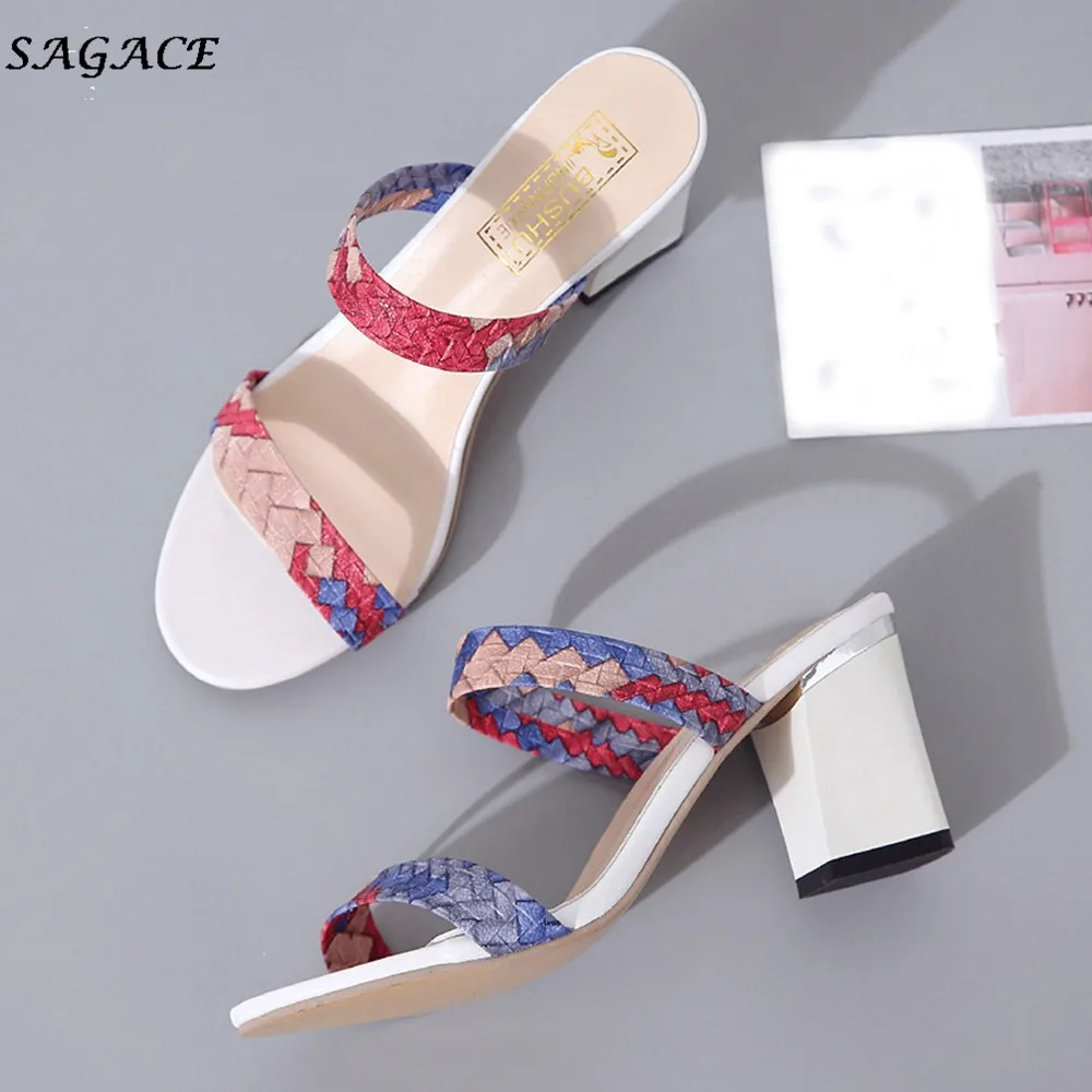 SAGACE/Женская обувь; Разноцветные босоножки на высоком каблуке 7,5 см с открытым носком; пикантные Босоножки на каблуке для отдыха; женская кожаная Летняя обувь