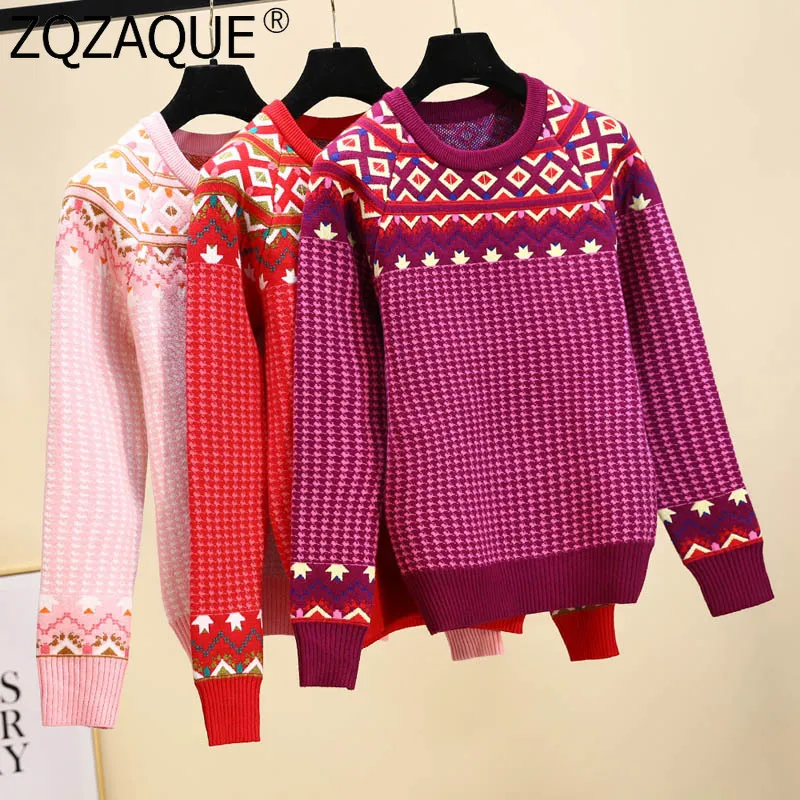 

Autumn Winter Knitted Sweaters Women Jacquard Knitted Pullovers Bottom Knit Jumper High Quality European and American Fashion