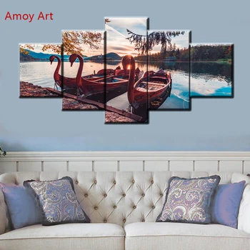 

5 Piece Brown Swan Rowboats on Lake wall Art pictures for living room bedroom decorative pictures Painting on canvas