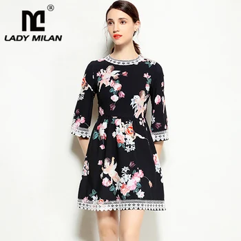 

New Arrival 2019 Women's O Neck Short Sleeves Angels Printed Lace Patchwork A Line Fashion Designer Runway Dresses