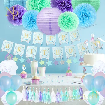 

Nicro 54Pcs/Set Happy Birthday Mermaid Green Blue Purple Paper Flower PomPom Balloons Tassel Party Decoration DIY Decor #Set50