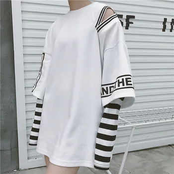 

[Free Shipping] South Korea 2019 Summer Women's Harajuku T-shirt Stitching Fake Two-piece Shirt, Hollow Loose T-shirt