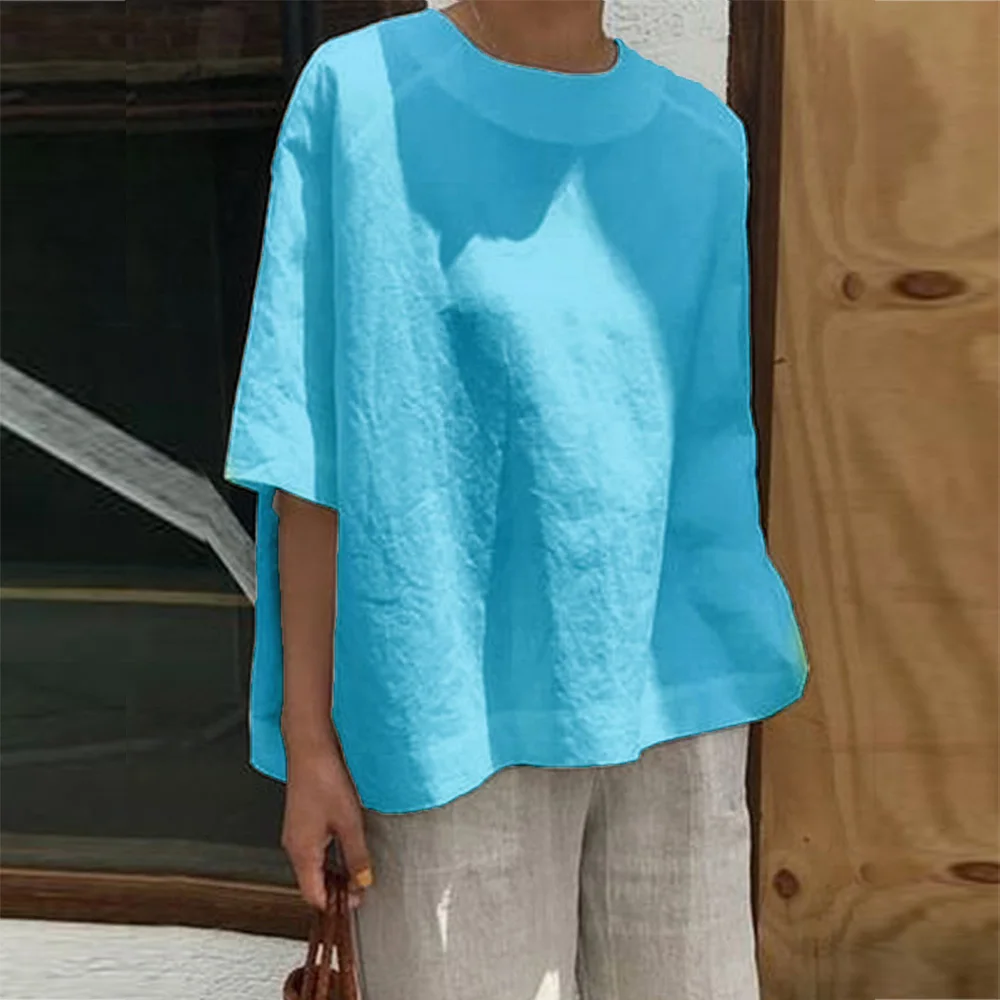 Однотонная хлопковая льняная футболка, повседневные рубашки с круглым вырезом и рукавом средней длины размера плюс, свободная женская футболка, простые женские летние топы - Цвет: Небесно-голубой