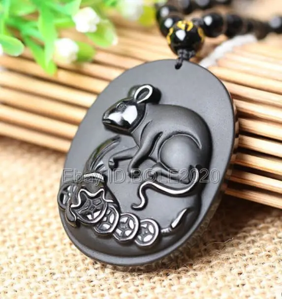 Natural Obsidian Zodiac rat Pendant Amulet