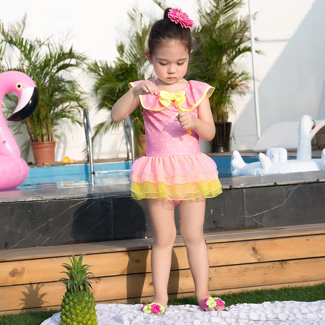 Best Offers Children's Swimsuit One Piece Beach Wear Cute Pink Swimwear Little Girl Yellow Swim Dress Young Girl Bathing Suit One Piece