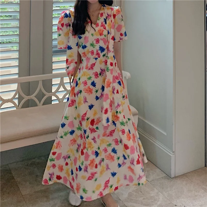 

Women's Clothing Elegant Floral Print Sweet Women Dress Korean V-neck Lace Up Short Sleeve Fashion New Summer Vacation Dresses
