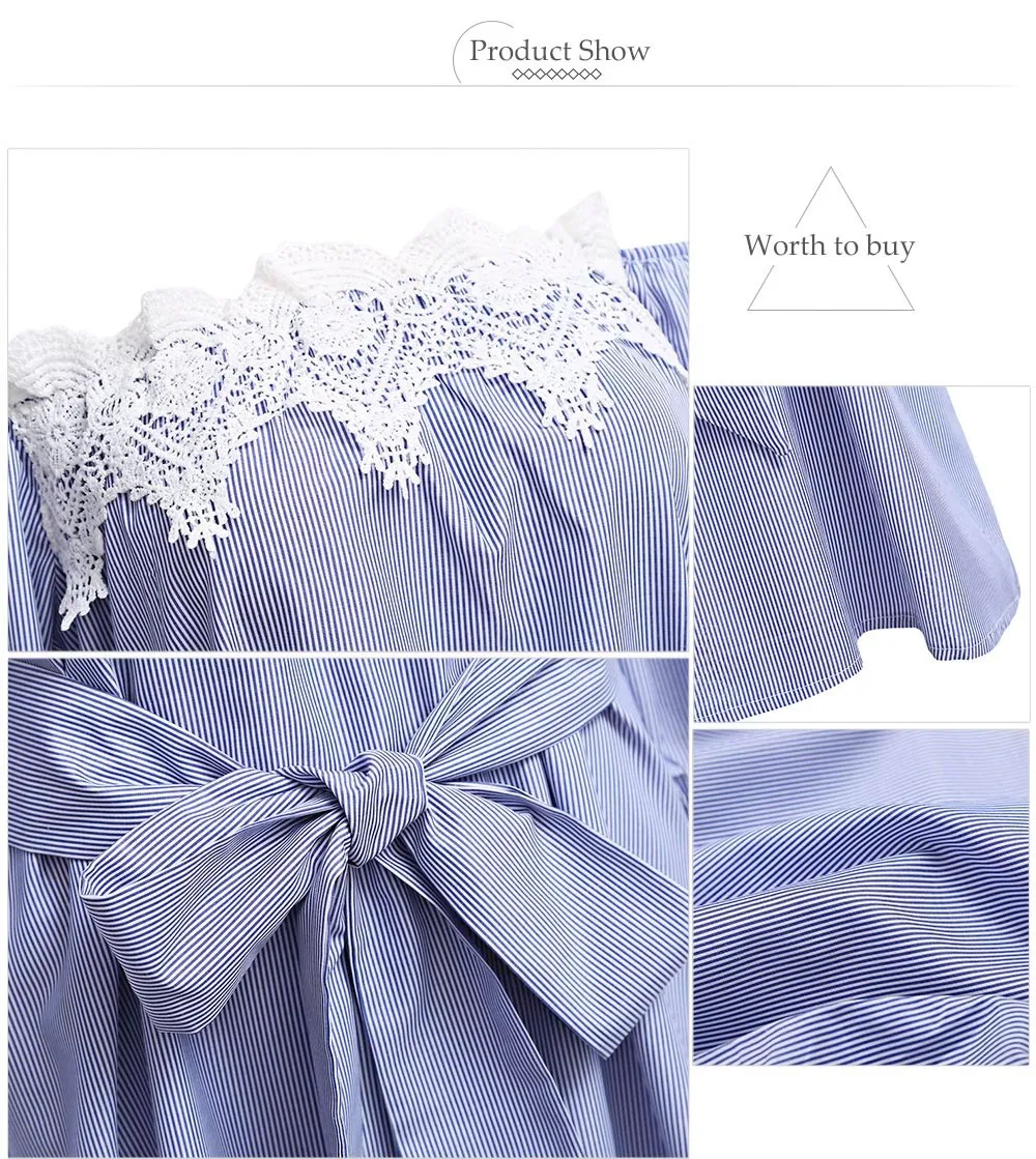 VESTLINDA Off Shoulder Blue Striped White Applique Mini Dress Women Slash Neck Lantern Sleeve Casual Sexy Short Dress With Belt 11