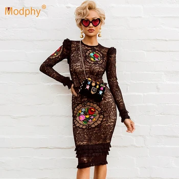 

2018 new women's winter black lace dress sexy long-sleeved ruffled embroidered ladies dress celebrity party Bodycon Vestidos